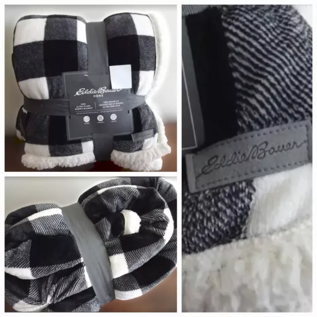 Eddie Bauer King sz Black & White Gingham Check Plaid Fleece Sherpa Blanket New