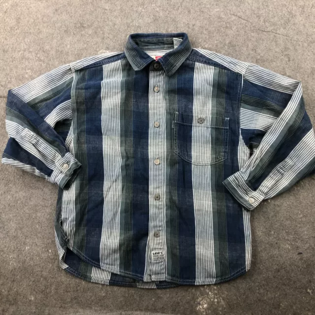 Vintage Levis Shirt Boys Medium Blue Green Plaid Western Rodeo Metal Button