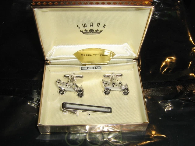 Vintage SWANK Model "T" Mother of Pearl Cufflinks and tieclip boxed set NOS #1
