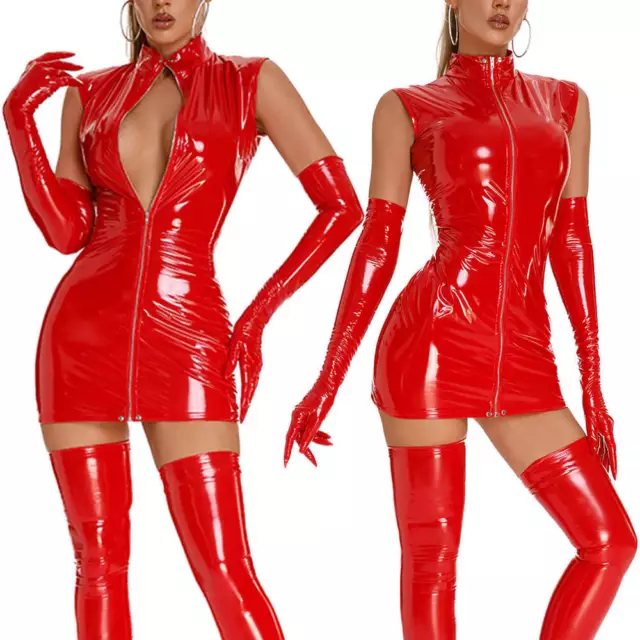 Women's Sleeveless High Neck Shiny PVC Leather Bodycon Mini Dress Party Clubwear