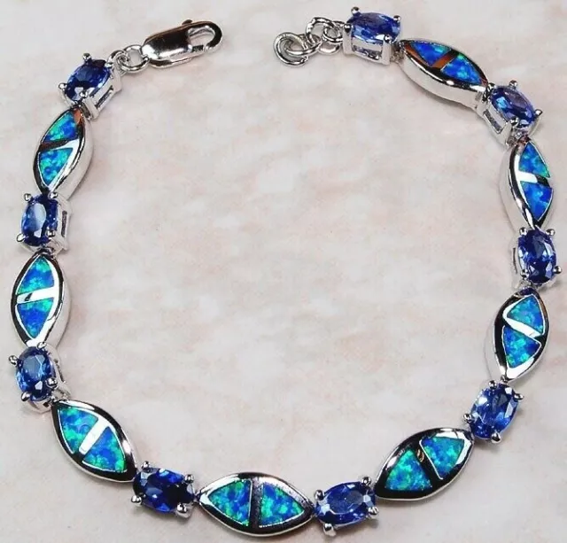 Blue Sapphire & Australian Opal Inlay 925 Sterling Silver Tennis Bracelet 6"