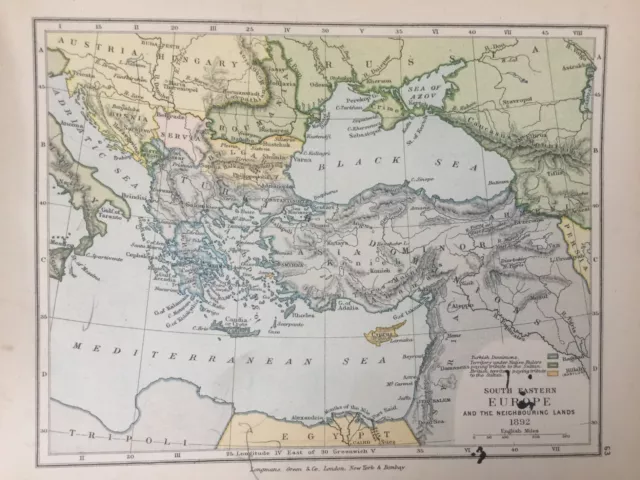 Antike gedruckte Karte Südosteuropa und angrenzende Länder 1892 datiert 1905