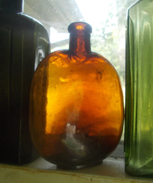 1880s AMBER PINT OLD WEST PUMPKINSEED WHISKEY FLASK  HAND BLOWN NICE
