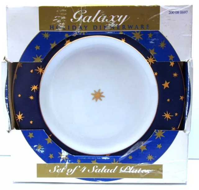 Set of 4 ~ Galaxy by Sakura  Navy Blue 8.25" Salad Plates w/ 14-K Gold Stars