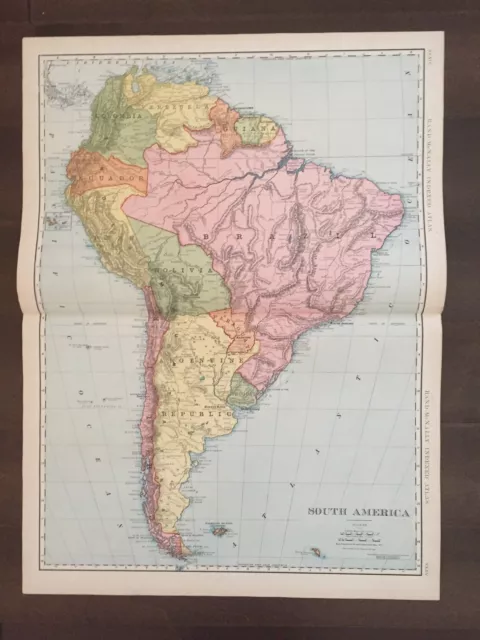 Large 21" X 14 1/2" COLOR Rand McNally Map of South America  (1905)
