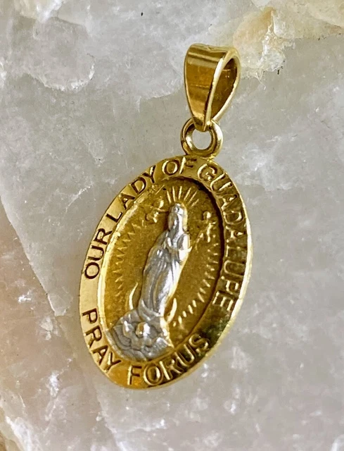 14K White & Yellow Gold Lady Virgin Virgen De Guadalupe Prayer Pendant Medallion