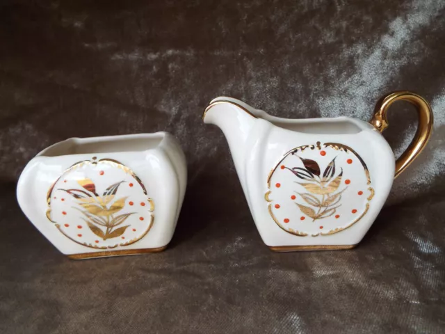 Vintage Retro Sudlows Burslem 1950's Milk Jug & Sugar Bowl Gilt Gold Cube Shape