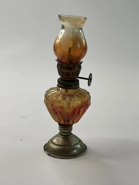 Vintage Mini Amber Embossed Pedestal 6" Oil Lamp