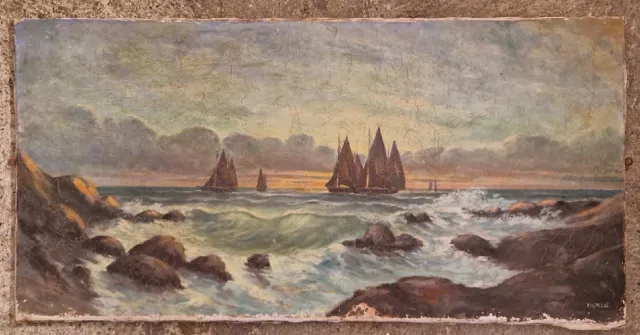 Ancien Tableau HST Marine Bateaux Coucher De Soleil