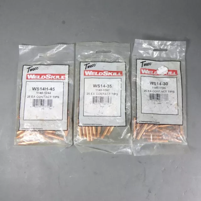 75 Tweco WeldSkill Tips (25)-WS14H45 (25)-WS14H35  (25)-WS14H30 = TOTAL 75