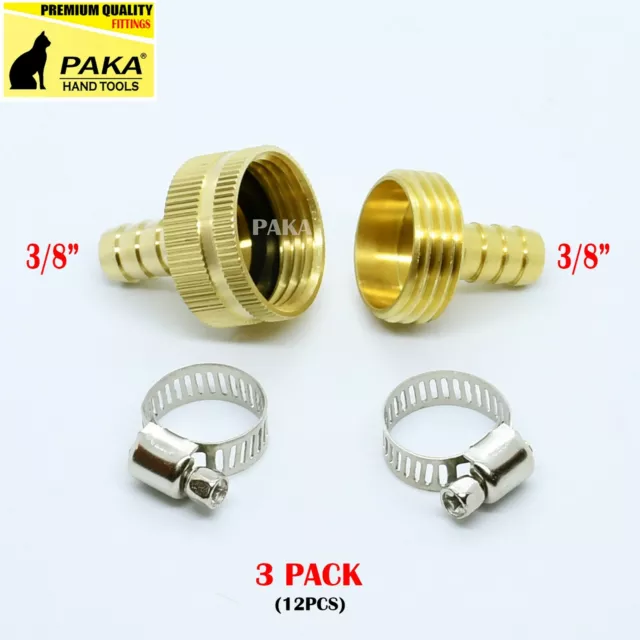 3 PACK 3/8"Garden Brass Hose Mender End Repair Kit Hose Connector Male Female