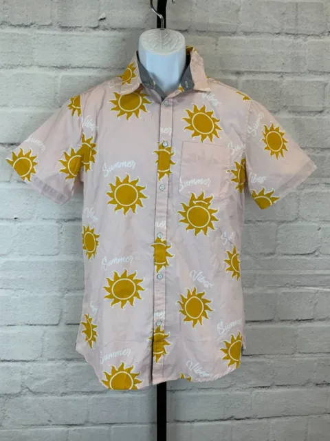 Free Planet Sun Printed Short Sleeve Button Up, Men's Size S, Pink NEW MSRP $38