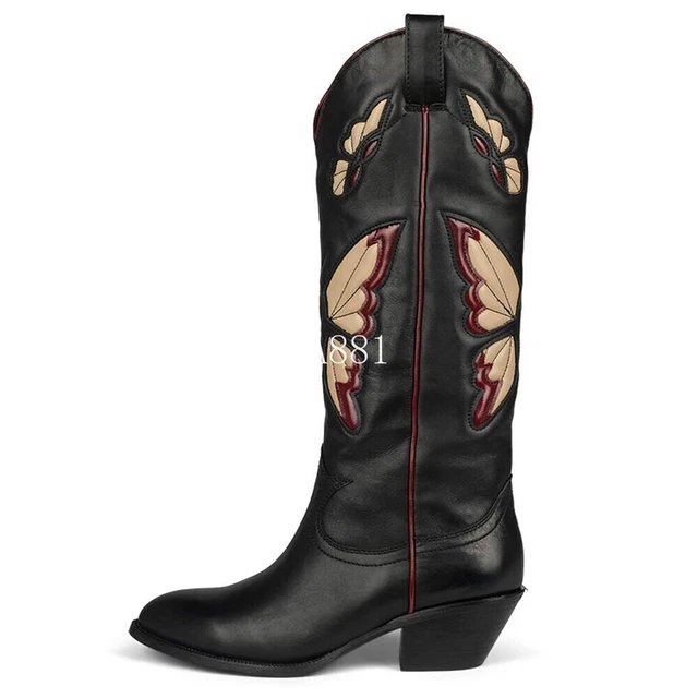 Women's Mid Calf Boots Chunky Heels Butterfly Cowgirl Cowboy Long Boots Shoes