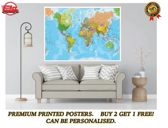 Detailed Large World Map Atlas Poster Art Print Personalised A0 A1 A2 A3 A4 Maxi