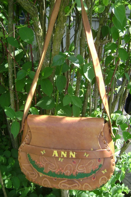 Vintage hippie era MUSHROOM Handbag - hand tooled leather w/ shoulder strap