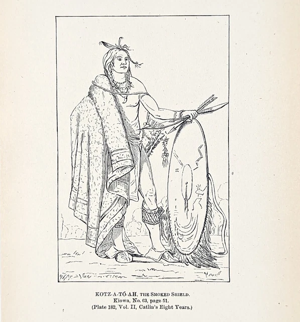 1885 Kiowa Indian  Bow and Arrows Shield Engraving George Catlin Native American