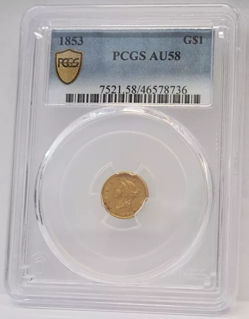 United States 1853 . One 1 Dollar . Gold Coin . Pcgs Graded Au58 . Rare