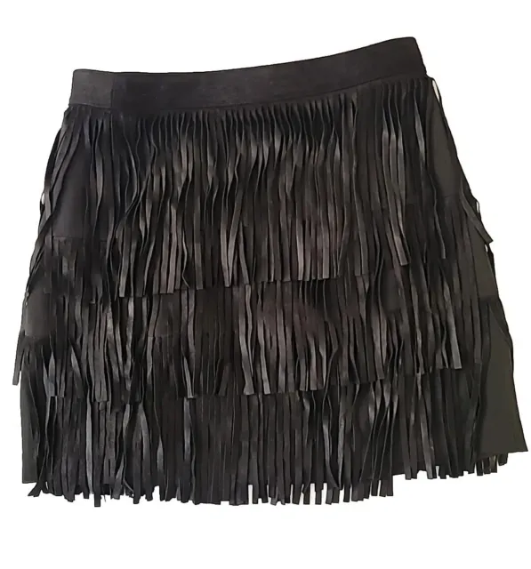 ALICE + OLIVIA Lavana Tiered Fringe Suede Black Skirt Size 4