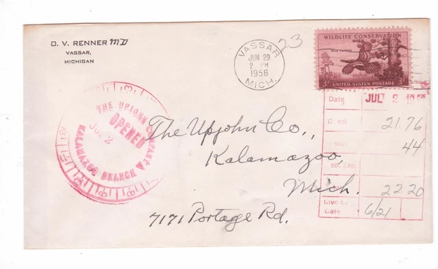 1958 Personal O. V. Renner Medical Order Cover to Upjohn Company from VASSAR, MI