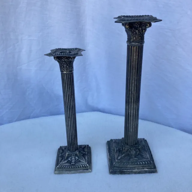 Candle Holders Sticks Pillar Set of 2 Heavy Metal VTG Tall Silver Tone Columns