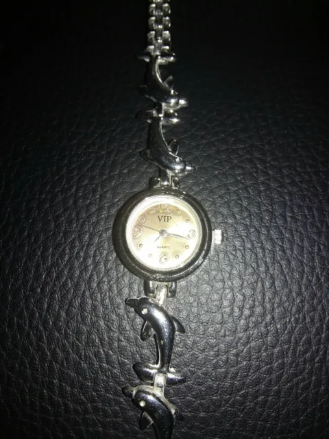 Vip Ladies Silver Coloured Dolphin Bracelet Watch Fitted With New Battery 2