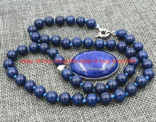 New 10mm Blue Egyptian Lapis Lazuli Gemstone Beads Oval Pendant Necklace 18" AAA