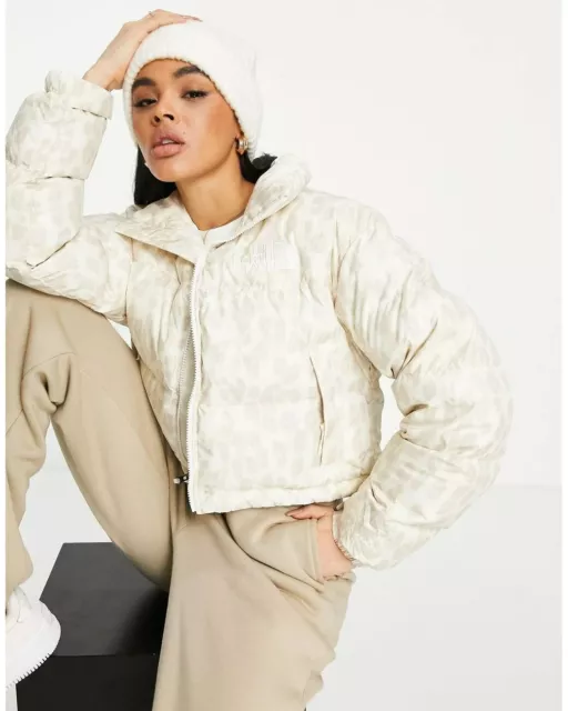The North Face Women’s Nuptse Cropped Puffer Jacket Short White Leopard  LARGE.