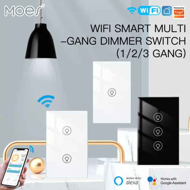 MOES 1/2/3 Gang WiFi Smart Light Dimmer Switch Wall Touch Panel Alexa Google APP