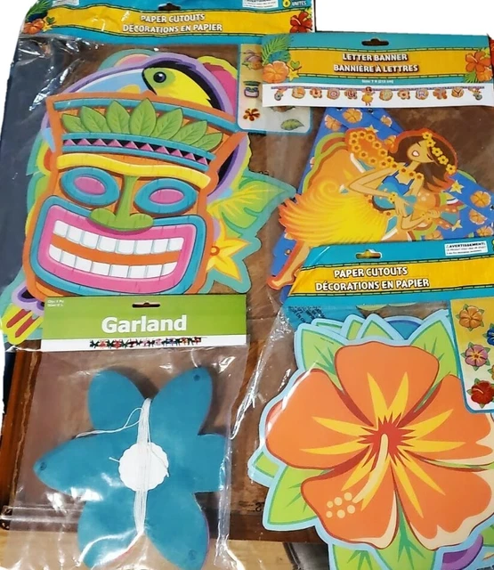 Hawaiian Luau Party Decor. (2)- 8 Pack Paper Cutouts, 1 Letter Banner, 1 Garland