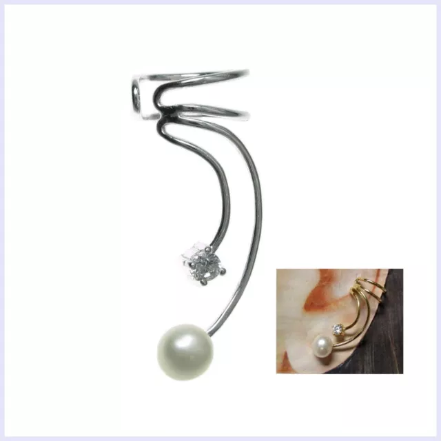 .925 Sterling Silver Clear CZ White Fresh Water Pearl Earring Cuff Ear Wrap