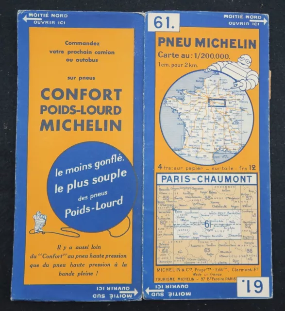 Carte MICHELIN entoilée n°61 Paris Chaumont 1932 old map Bibendum pneu tyre