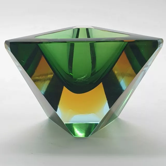 Murano Faceted Glass Bowl Sommerso Green Amber Triangular Paperweight Handmade