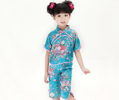 Cinese Giapponese Blu Bambini Ragazze Floreale Top & Pantaloni Set Pigiama cgps5