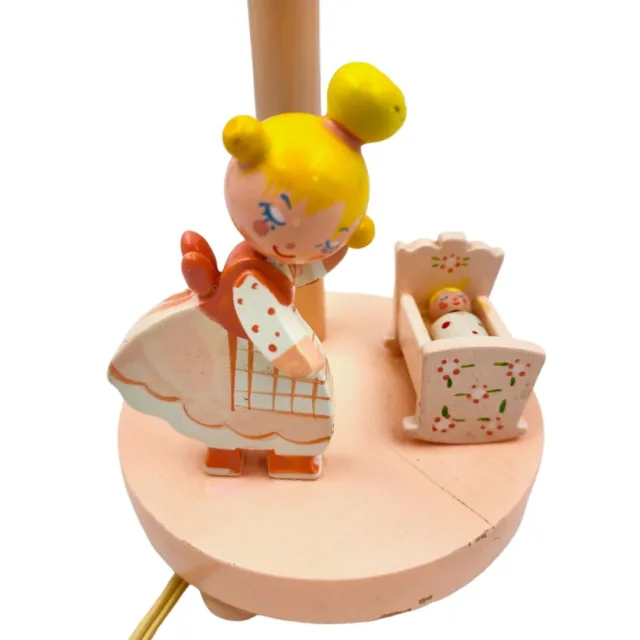 Vintage Nursery Pink Wooden Lamp Mom Baby Crib Figures Working 10"