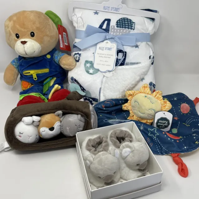 Baby Boy Gift Lot Set - Sailboat Blanket, Toys, Slippers, Stuffed Animal Bear