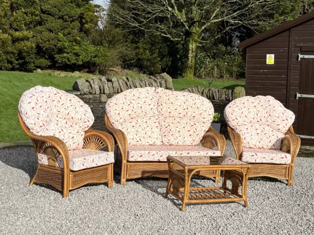 Cane Upholstered Conservatory /Patio 3 Piece Suite With Matching Coffee Table.