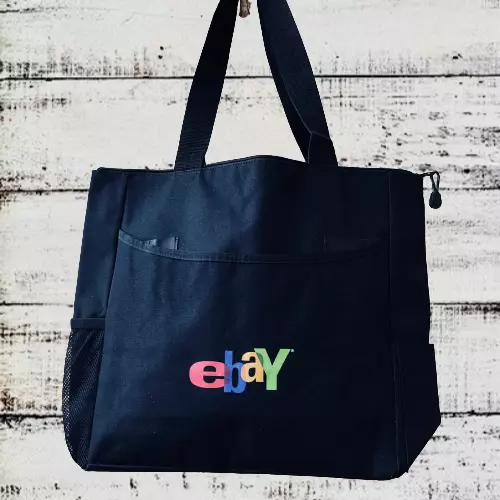 eBay Tote Bag Black Old Logo Zip Cosure with Front + Side Pockets Double Handles