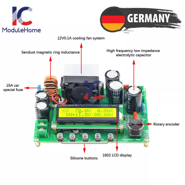 DPX800S DC-DC CNC Booster Module 10-65V to 12-120V 0-15A Adjustable MPPT 800W DE