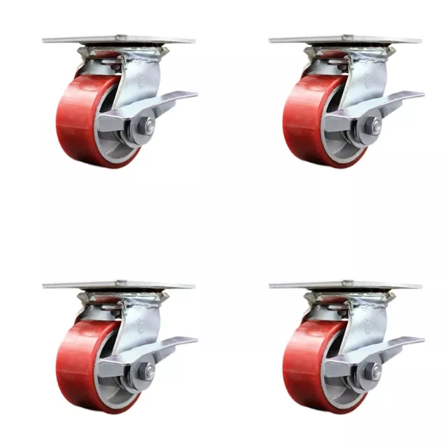 4 Inch Heavy Duty Red Poly on Cast Iron Caster Set with Ball Bearing and Brake