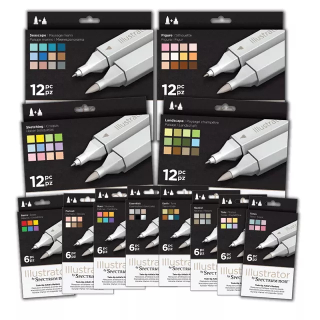 Spectrum Noir ILLUSTRATOR Twin Nib Pen Sets 6 & 12 Packs By Crafters Companion