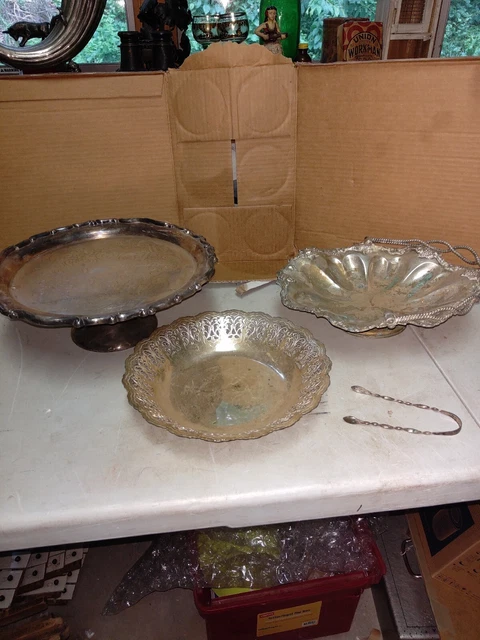Antique Silver Plate 4-Piece Lot Ornate Handled Basket Cake Pedestal Tongs...
