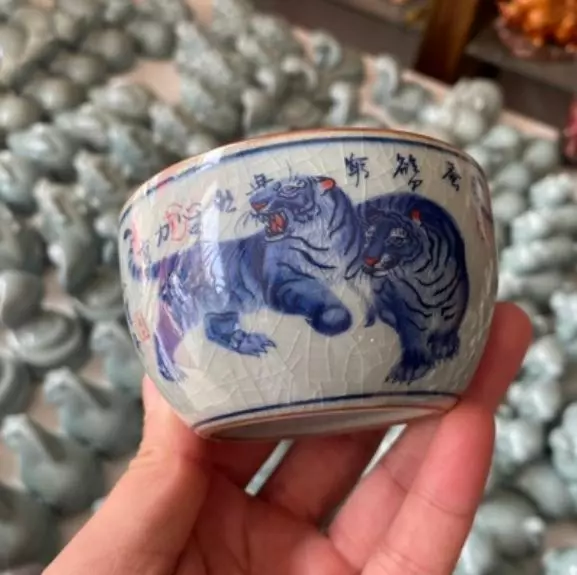 3.4"Chinese Jingdezhen Blue White Porcelain Old Clay 160ML Animal Five Tiger Cup