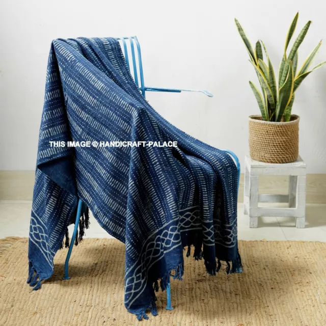 Indigo Hand Block Printed Throw Blanket Bohemian Mud Cloth Indian Sofa Bed Throw