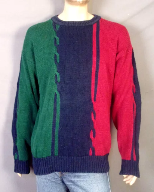 vintage 80s 90s St. John's Bay Colorblock Cable Knit Crew Sweater Chunky Knit XL
