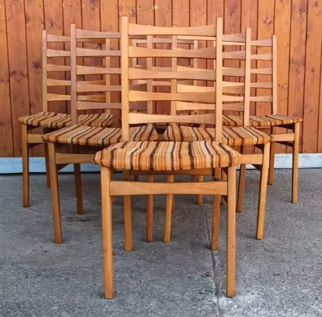 6x Dining Room Chairs Vintage Designer Chair Wood 60er Sprossenstuhl Danish 60s