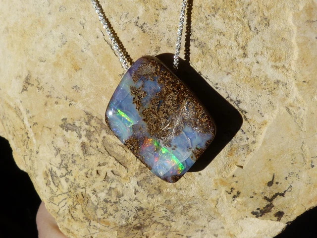 Collier Argent Sterling Avec Grande Opale Boulder D'Australie - Pendentif Unique