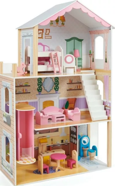 KIDS WOODEN DOLLS house with furniture and accessories 3 story play house  115cm £59.95 - PicClick UK