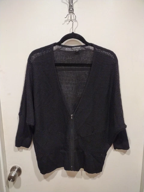 Eileen Fisher 100% Wool Lightweight Fitted Black Zip Front Sweater Cardigan Sz L