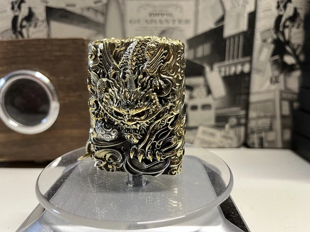 HEAVY Zippo lighter Asian dragon Brass Silver With Wood Box