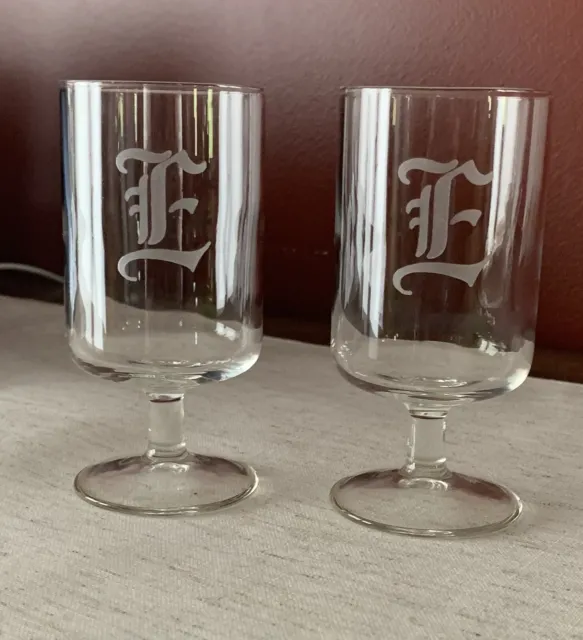 Vintage Wine/Water Clear Footed Glasses- Monogramed Letter "E” Set of 2.